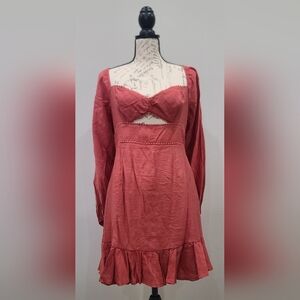 Selfie Leslie Rust Red Long Sleeve Mini Dress with Ruffle Hem